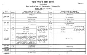 Bihar Bord 12th Quarterly Exam Routine July 2026